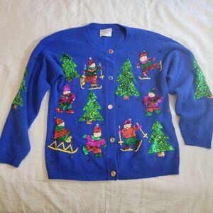 VTG Marisa Christina Classics Lambswool Angora Christmas Sequin Cardigan Blue S‎
